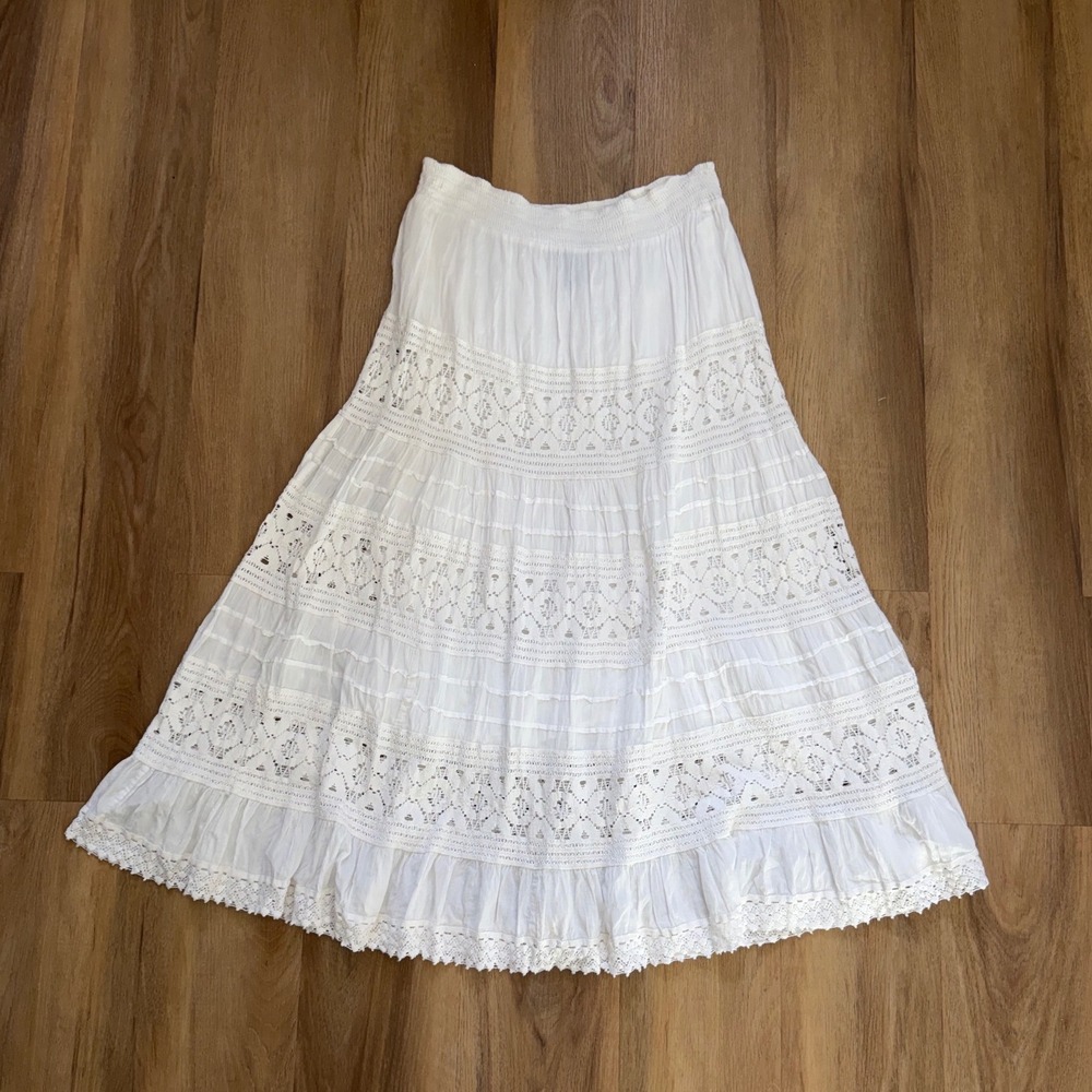 Vtg White Cotton Lace Tiered Maxi Skirt Boho Whimsy Prairie Large cottagecore